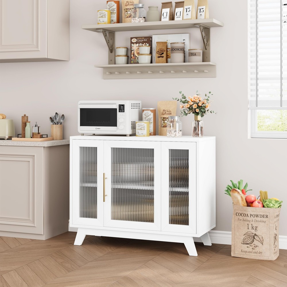36 Inch Buffet Cabinet Storage Modern Glass Doors White