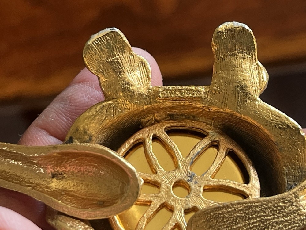 Vintage Moveable Florenza Brass Turtle With Red Ruby Eyes Thermometer Signed