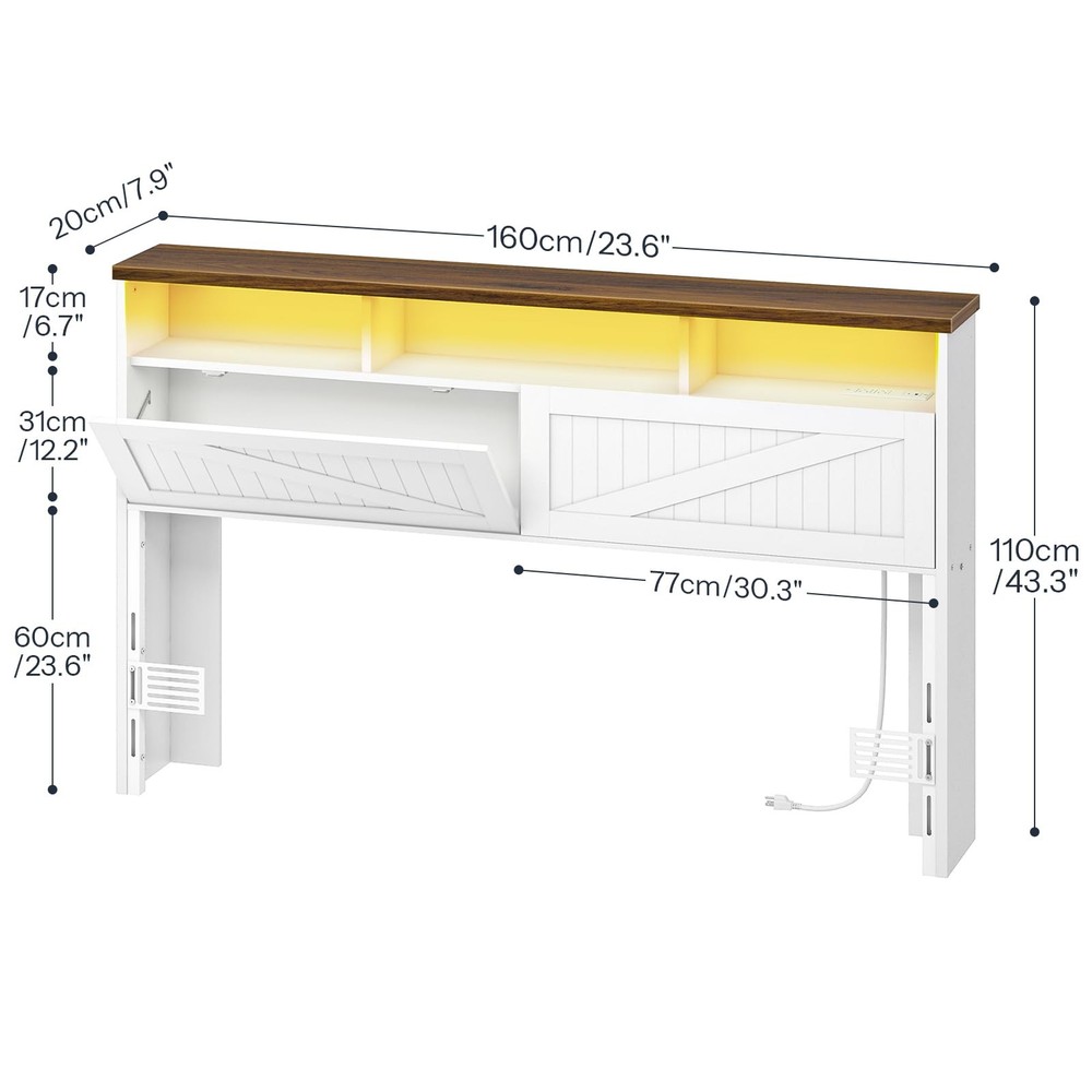 Queen Headboard with Flip-Down Hidden Storage Charging Station LED Lights