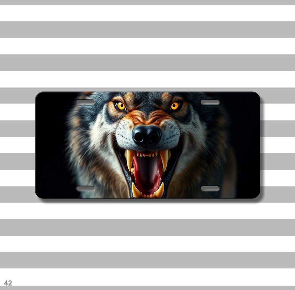 Detailed Wolf License Plate Fierce Expression Custom Vanity Plate Gift Idea