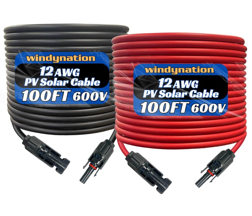 WindyNation 12 AWG 100ft Black + 100ft Red PV Solar Panel Extension Cable