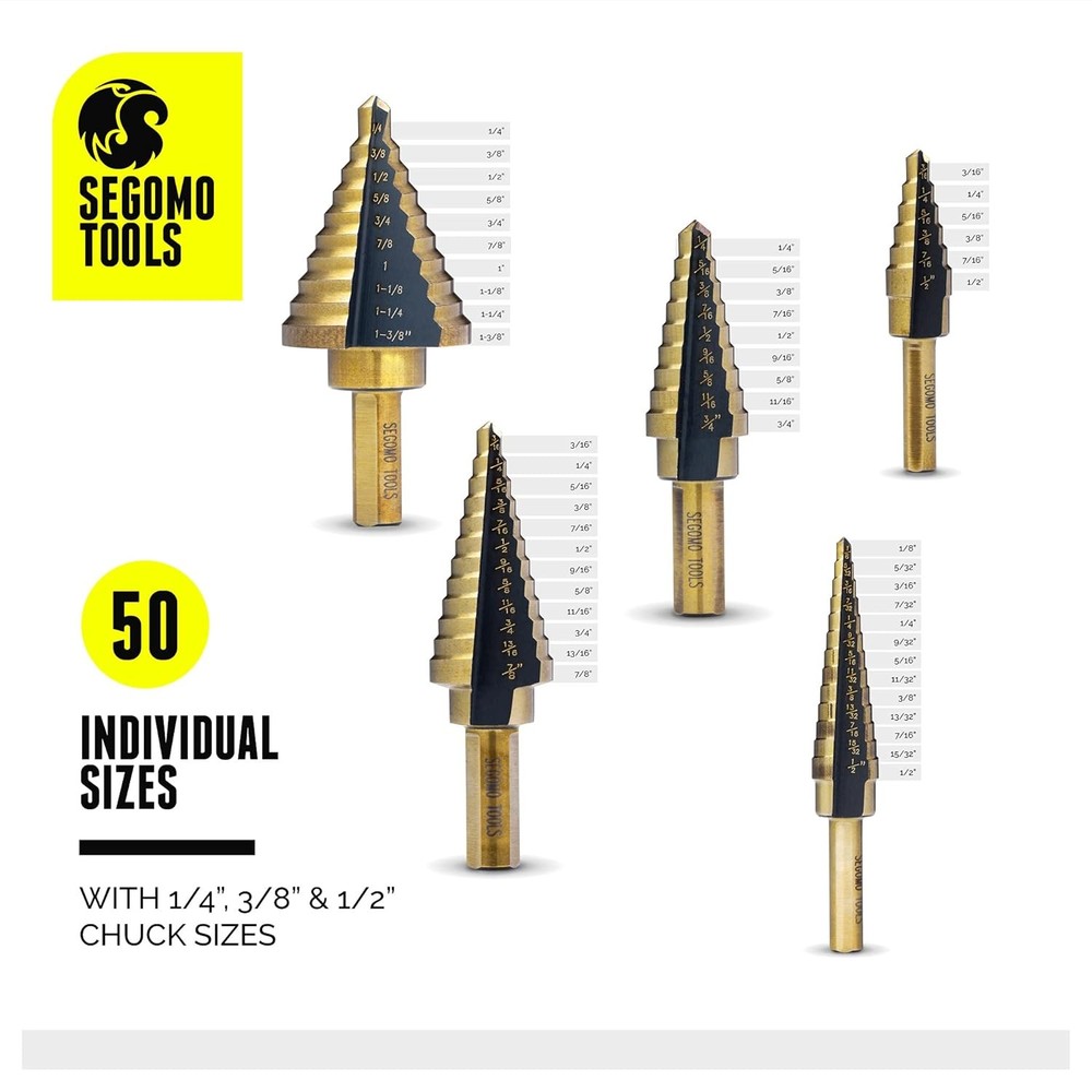 Segomo Tools 5 Piece SAE Multiple Hole 50 Sizes HSS Step Drill Bit Set with...