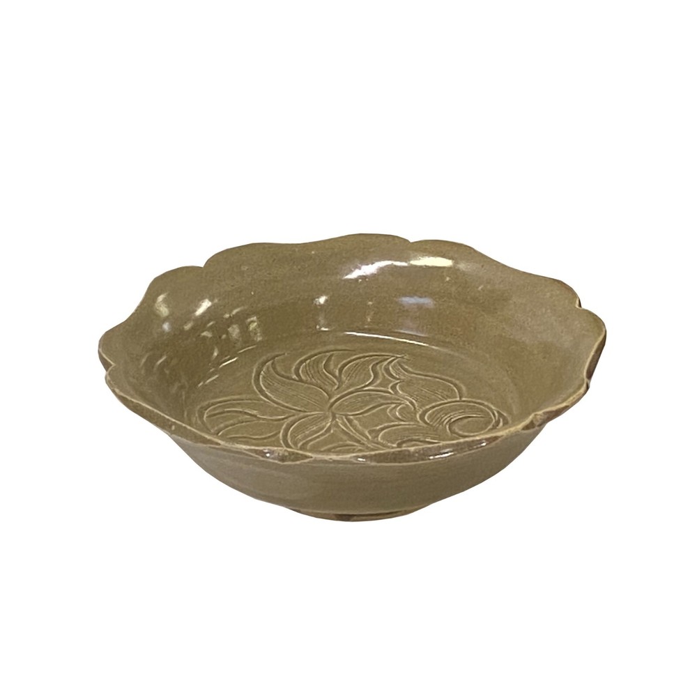 Chinese Ding Ware Tan Olive Glaze Flower Pattern Ceramic Bowl Display ws3280