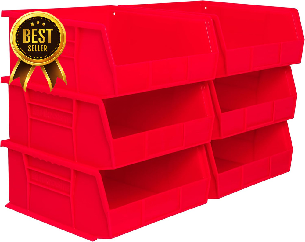 Stackable Plastic Storage Bins 6 Pack 11x11x5 Garage Pantry Organization Red