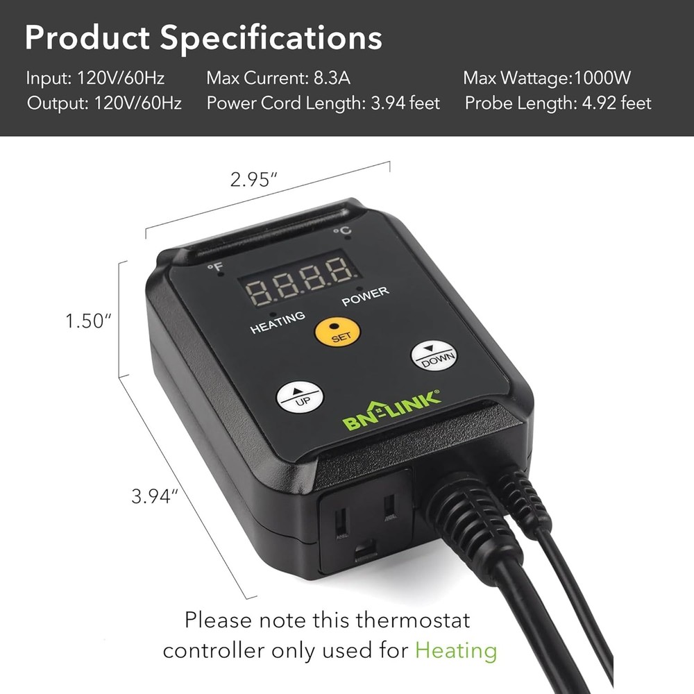 BN-LINK Digital Heat Mat Thermostat Controller for Seed Germination, Black