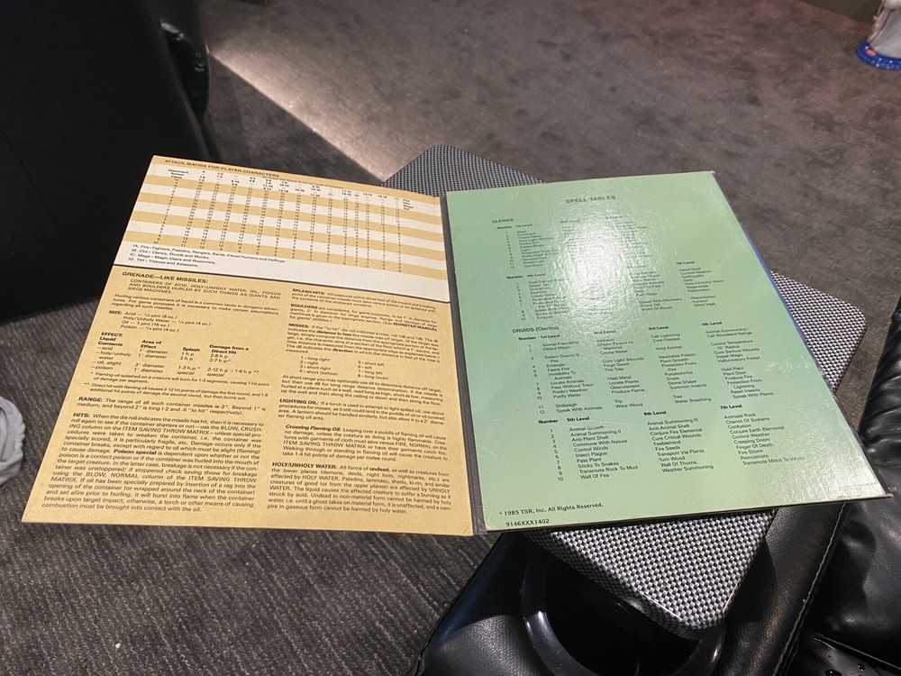 Dungeons And Dragons Players Reference Screen 1985 TSR Roleplaying RPG
