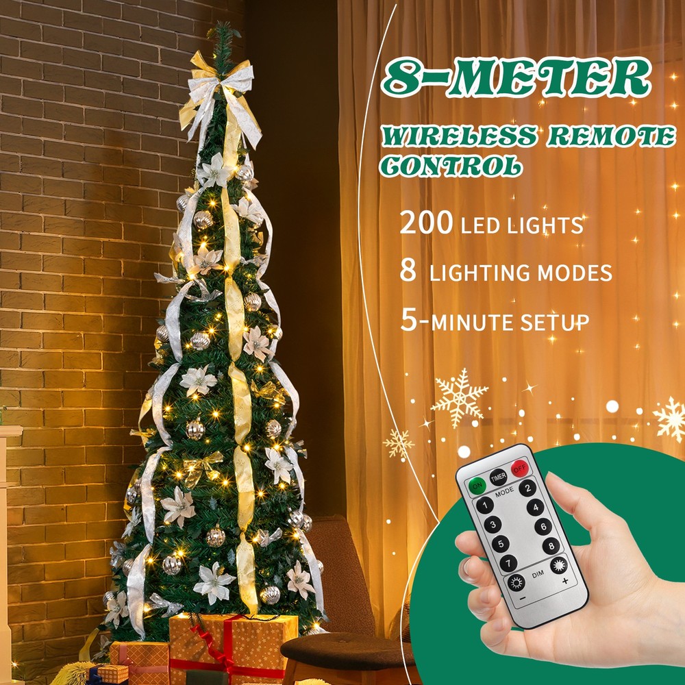 7FT Fully Decorated Pre-lit Christmas Tree, Pop Up Artificial Xmas Tree w/ Light