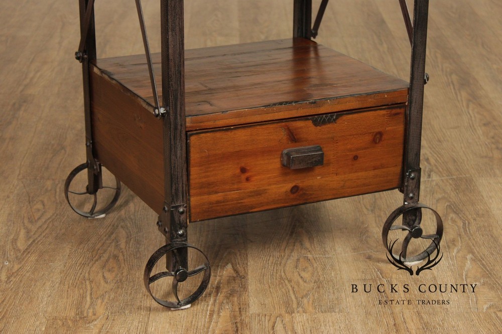 Industrial Rustic Pine And Iron Rolling Shelf With Drawer