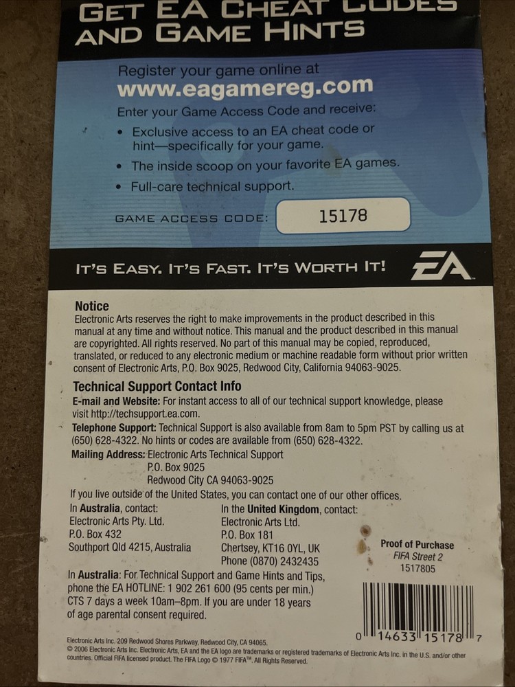 FIFA Street 2 (Microsoft Xbox, 2006) Instruction Manual Booklet Insert Only