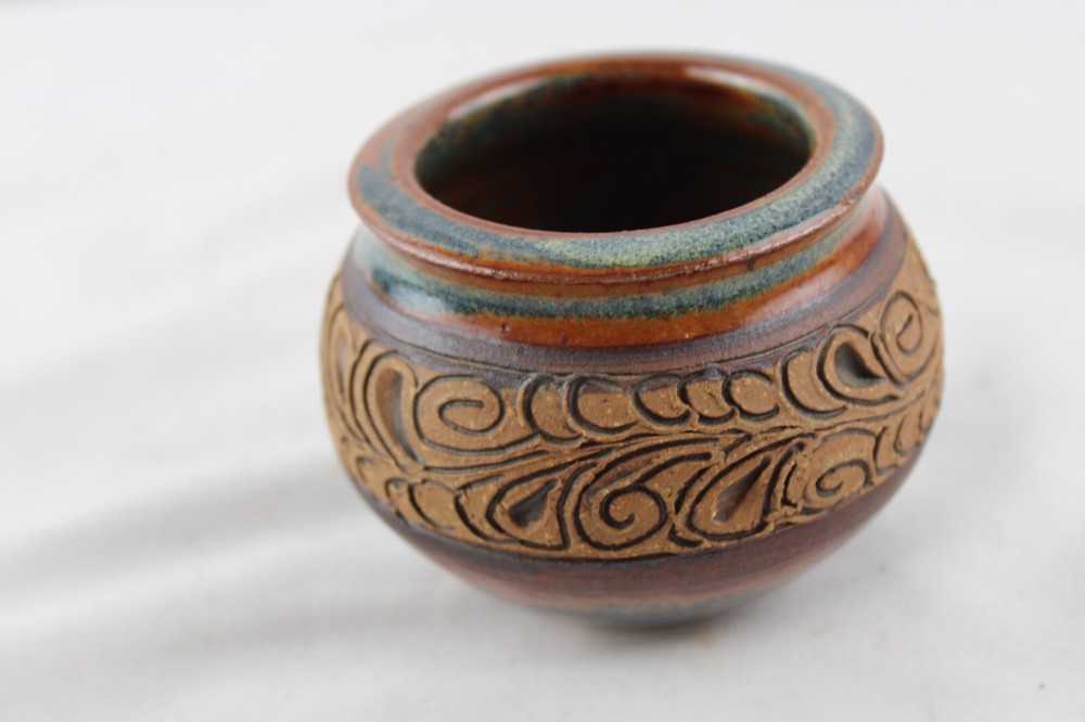 Small Studio Pottery Carved Pot Signed Blander
