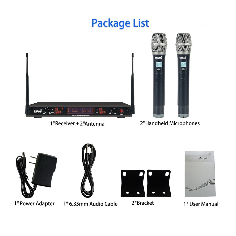 Wireless Microphones System Dynamic 2Channel Handheld Mic Karaoke UHF Microphone