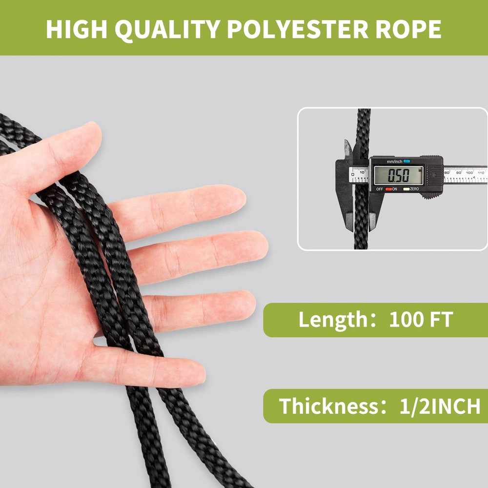 1/2'' 100FT Black Polyester Solid Braid Rope