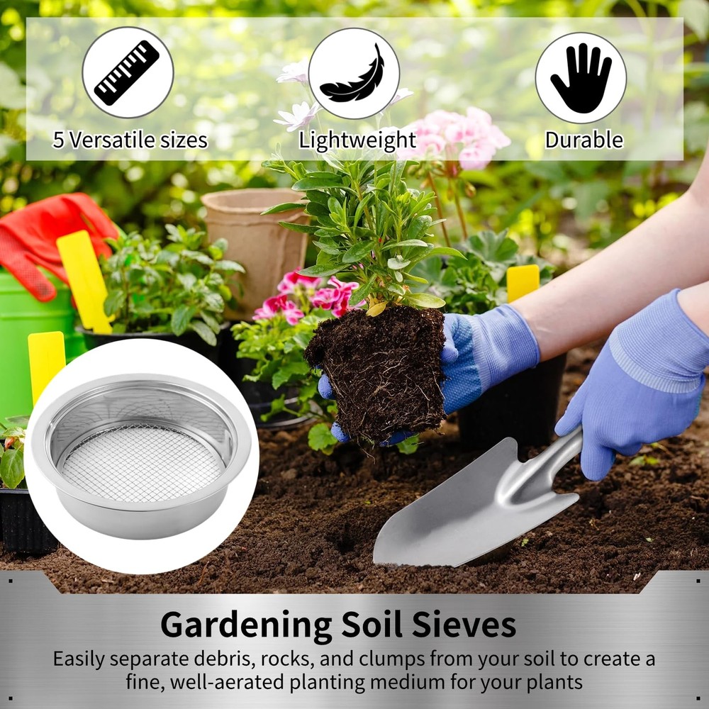Stainless Steel Soil Sifter Set with Interchangeable Meshes