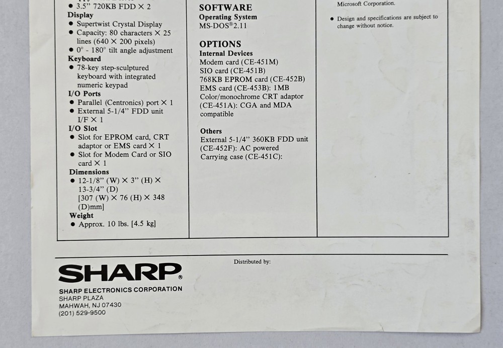 Sharp - PC-4501-3 Laptop Computer - Product Specifications Handout (1 Sheet)