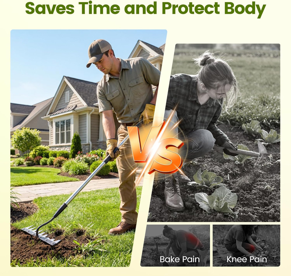 Iron Weeding Rake with Long Handle - Upgraded 8 Teeth Weed Puller Tool, Heavy Du