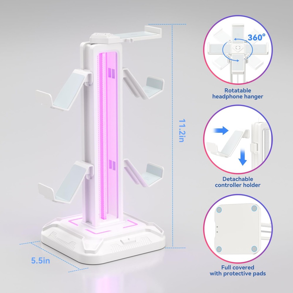 RGB Headset Stand with 9 Light Modes - Controller Holder for Desk - Rotatable...