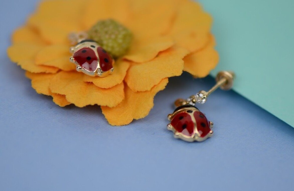 14K Solid Yellow Gold Ladybug Dangle Earring with Enamel