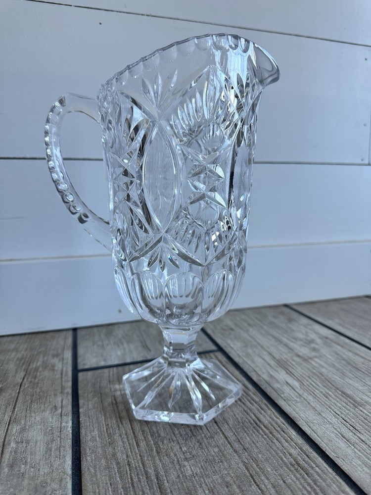 Vintage Crystal Footed Pedestal Handled Pitcher