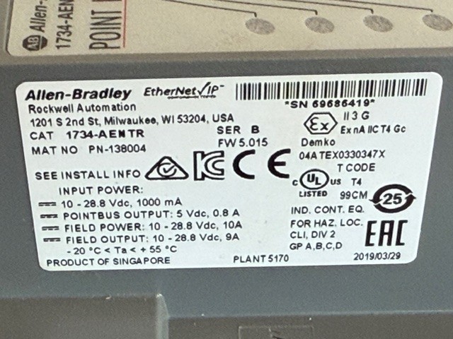 ALLEN BRADLEY 1734-AENTR POINT I/O Network Adapter Ethernet/IP DLR 24VDC