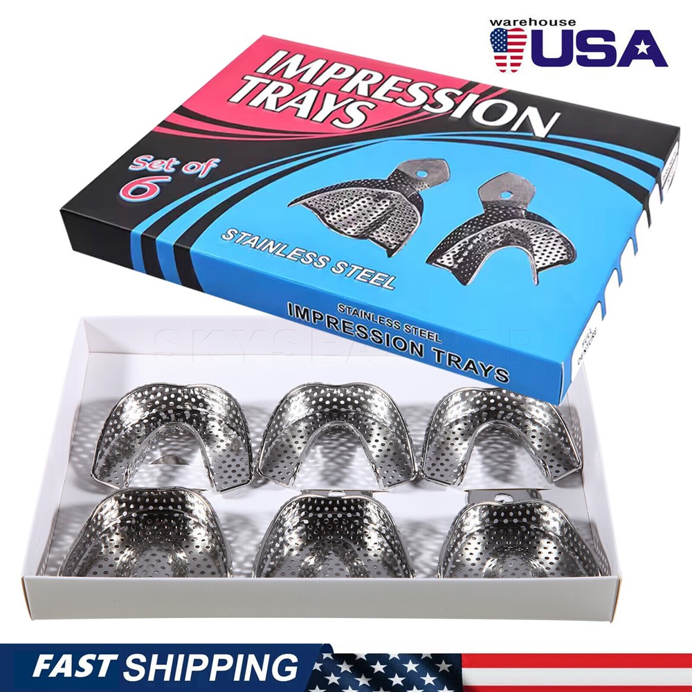 6 Metal Dental Impression Trays Perforated Upper & Lower Endo Instruments