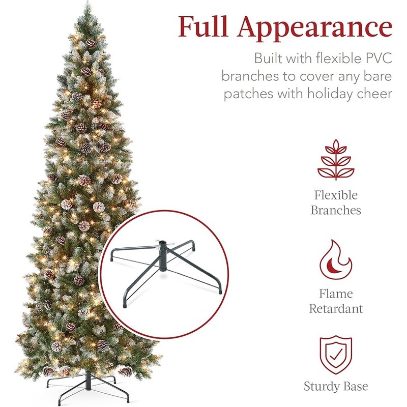 Prelit Flocked Christmas Tree Slim Profile Space Saving Pinecones Winter Decor
