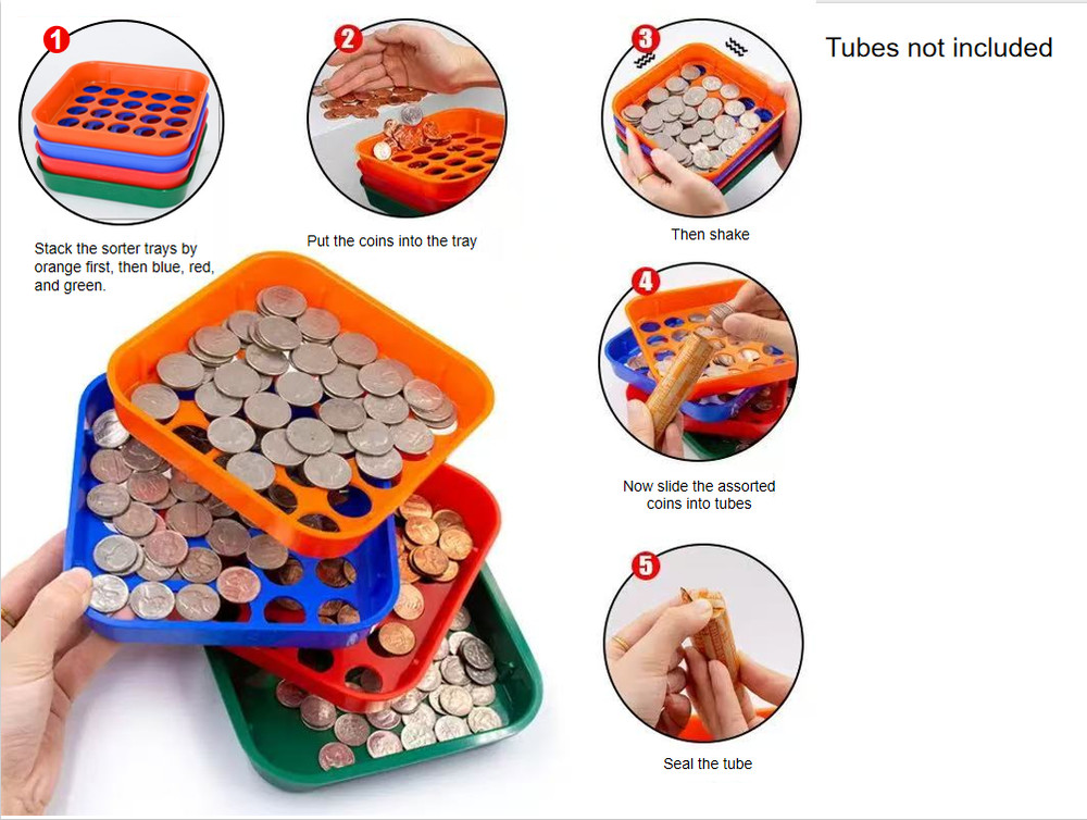 Stackable Coin Sorting Tray 4 Color Plastic Organizer &80 Assorted Coin Wrappers