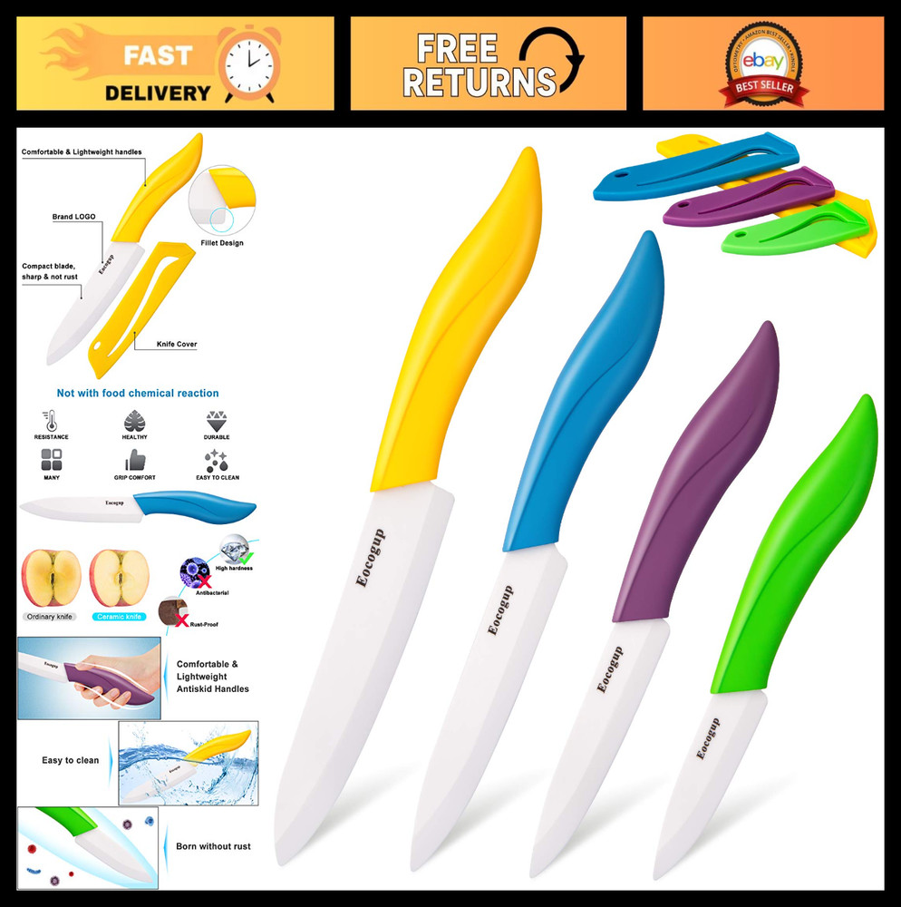 4-Piece Ceramic Knife Set with Sheaths - Paring, Fruit, Utility & Chef Knives -