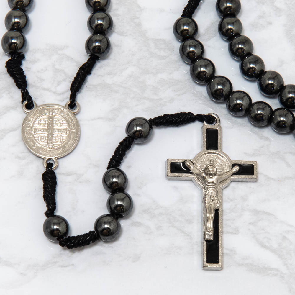 Saint St Benedict Medal Cord Rosary Black Hematite Beads Rosario San Benito 12"