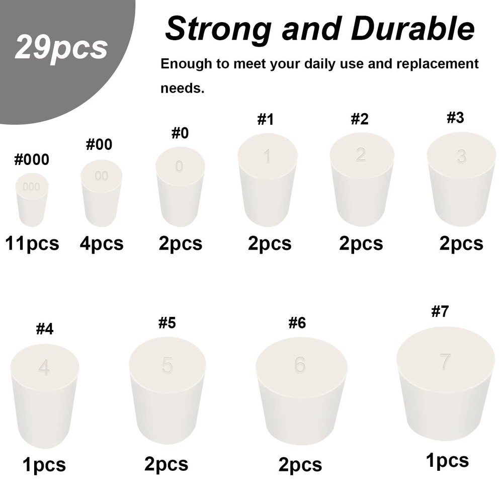 29 Pcs White Rubber Stoppers 000#-7# 10 Assorted Sizes Solid Design