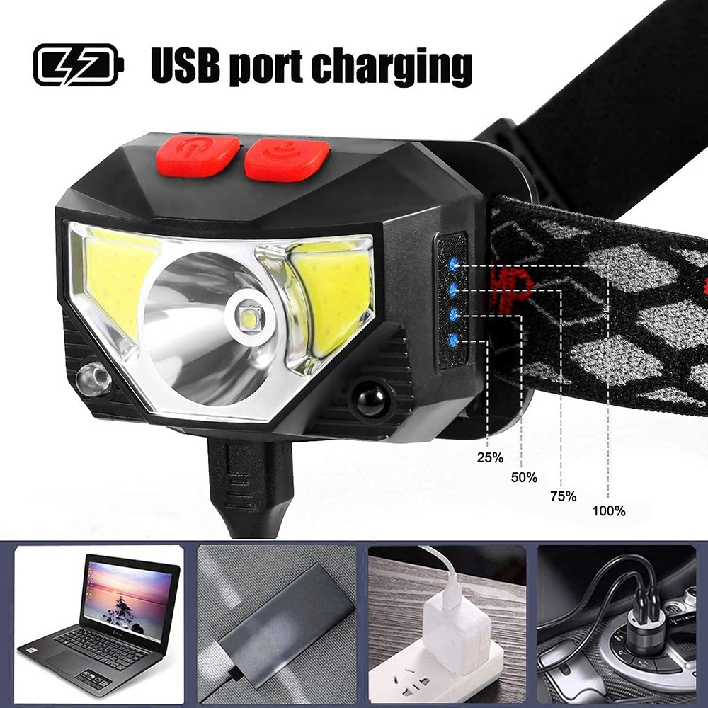 2Pcs COB LED Headlamp USB Rechargeable Headlight Bar Head Band Torch Work Light