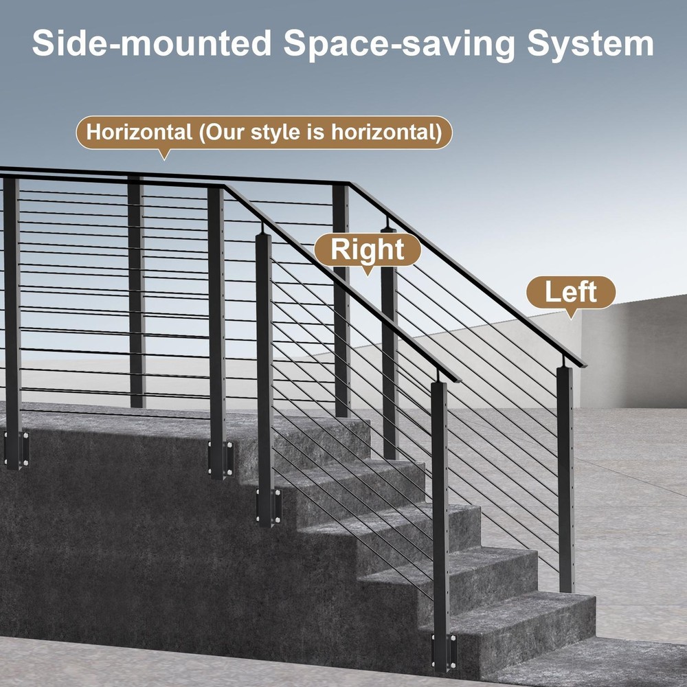 4 Pack Side Mount Stair Cable Railing Post 44"x2"x2" Level Drilled Post Black