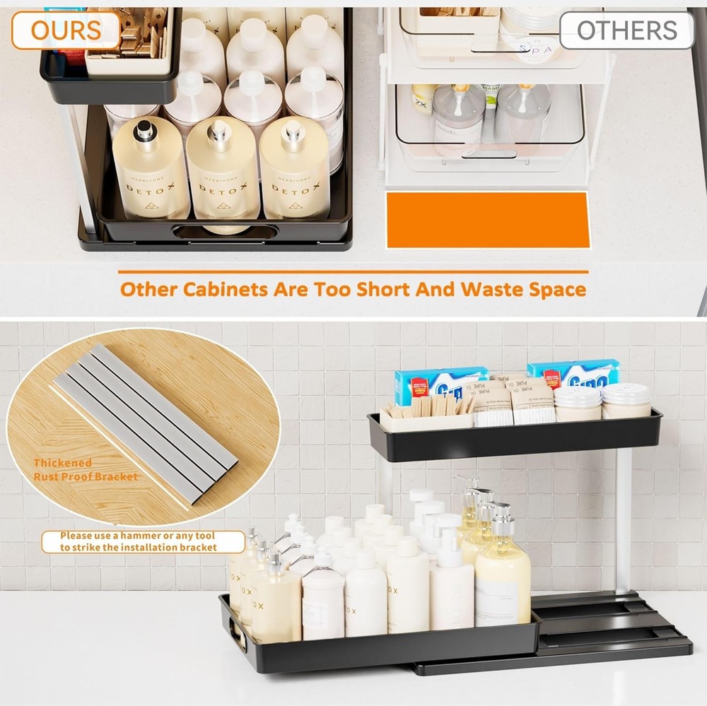 2 Pack 10.8″ High Pull Out Under Sink Organizer,14.5″ Deep 2 Tier Slide Out