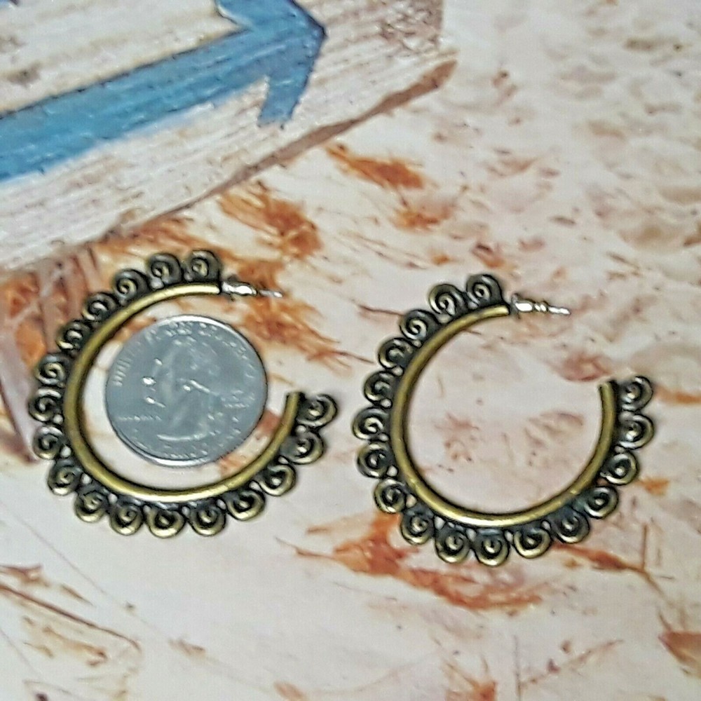 Statement Antique Gold Tone Scroll Design Hoop Earrings