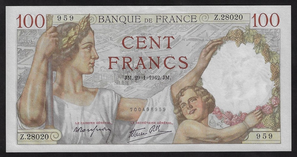 FRANCE 100 FRANCS 1942   ''Sully''  GEM UNC