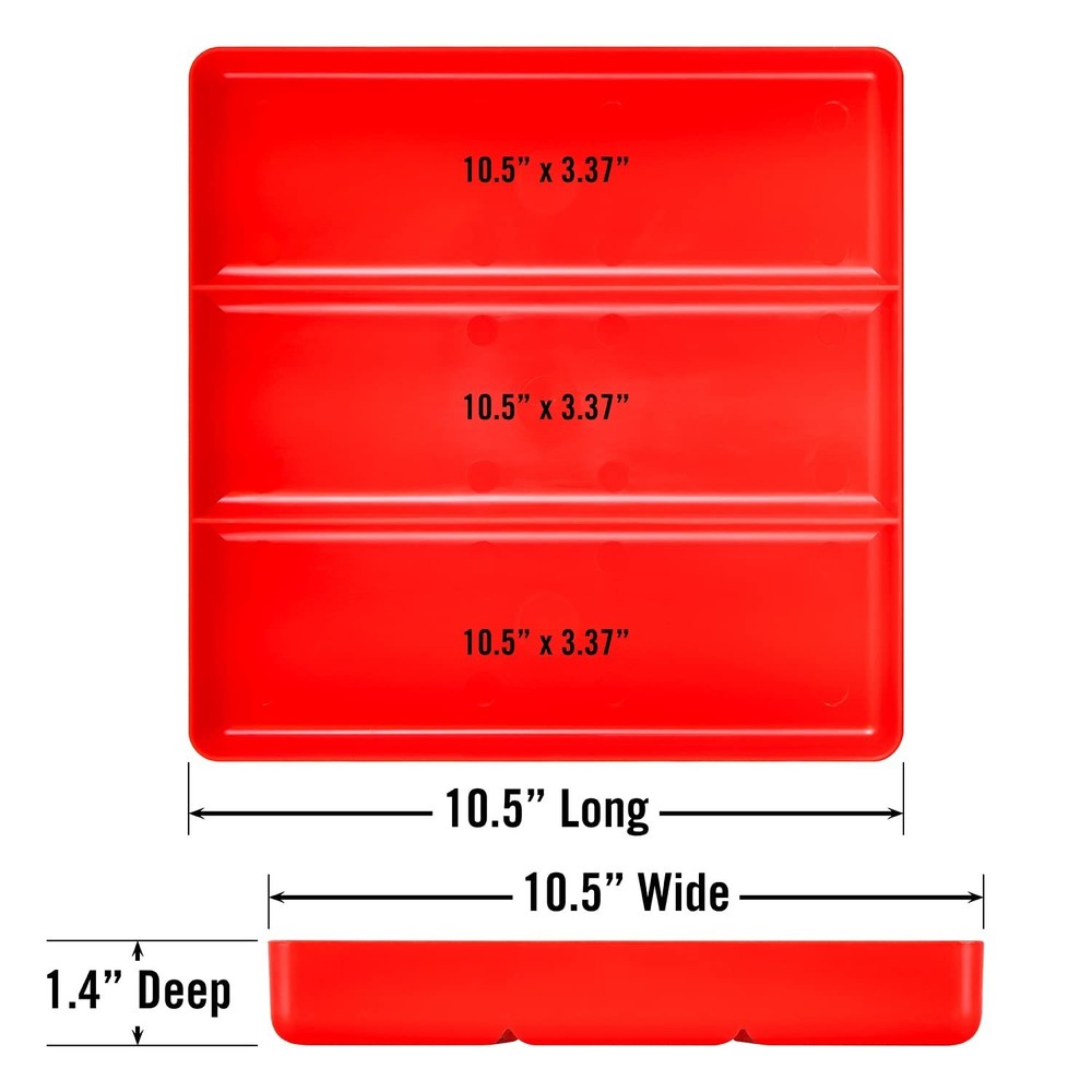 3-Compartment Red Tool Tray Garage Organizer Stackable Drawer Storage 10.5 x 10.