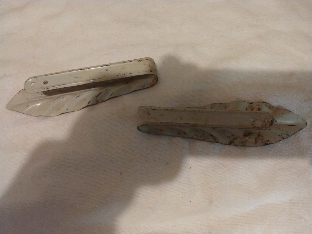 Vintage Metal Pair Curtain Tie Backs / pull backs Blue Leaf or Feather