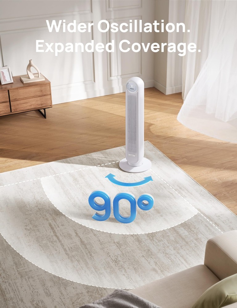 DREO Tower Fan for Bedroom, 25ft/s Velocity Quiet Floor Fan, 36inch, White