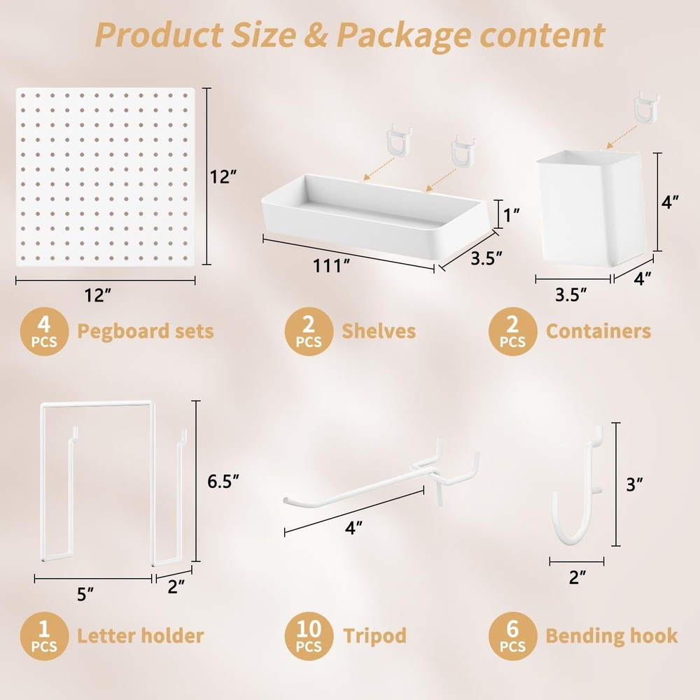 FZK Peg Board,25pcs PegBoard Wall Organizer,Includes 4 White Pegboard and Acc...