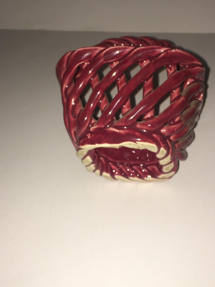 Ceramic 4" Tall Square Red Basket Open Weave Twisted Handle
