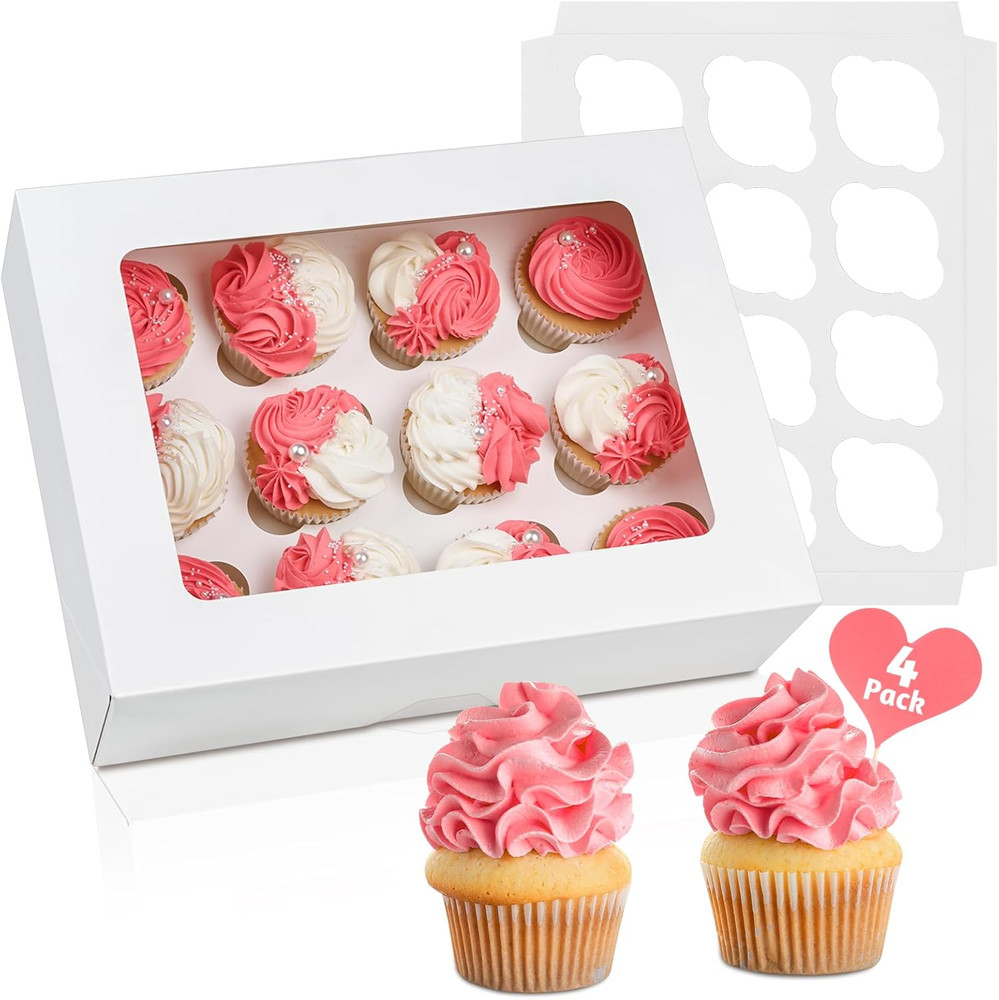 12 Count Cupcake Boxes, 4 Pack Auto-Popup White Cupcake Containers with Window a