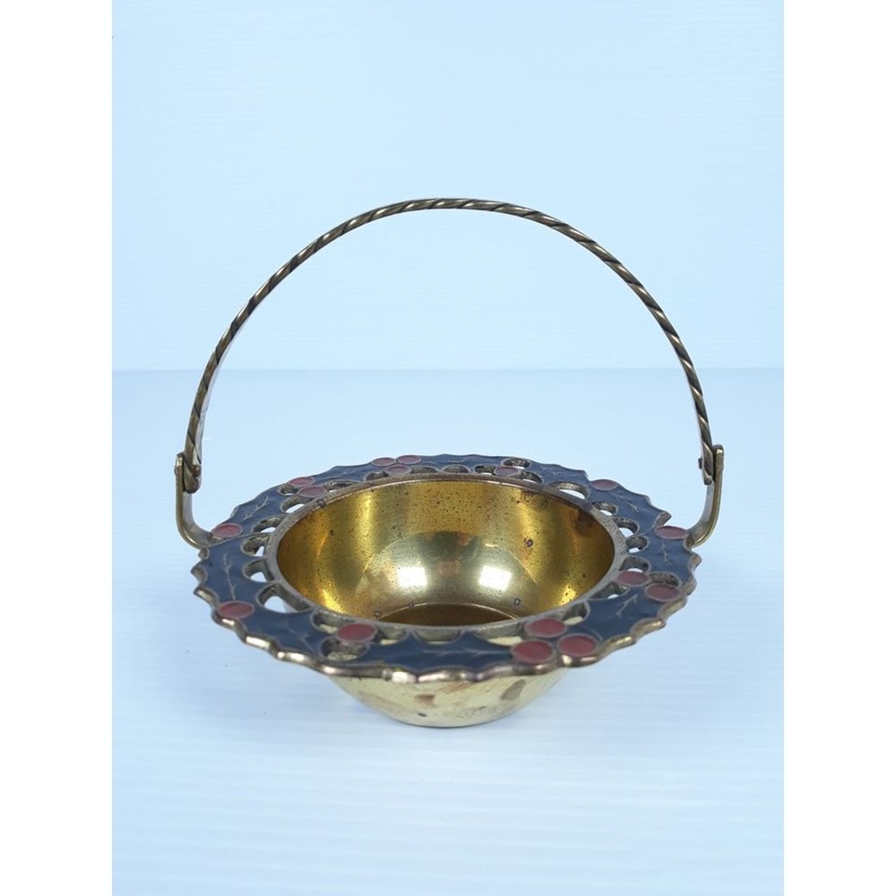 Vintage Holly Leaf Patterned Enameled Brass Basket Bowl