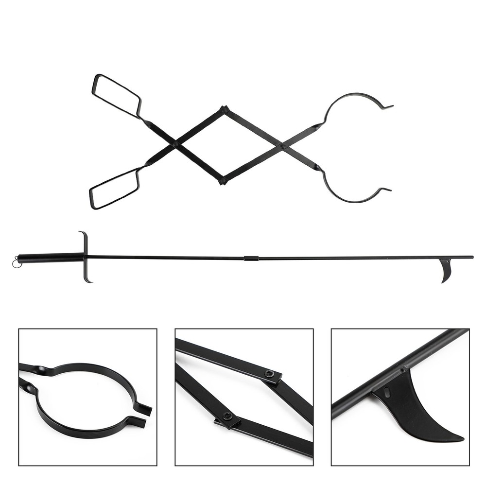 2PCS Hearth Tool Fireplace Set Fire Tools Set Campfire Tongs Fire hook Blk