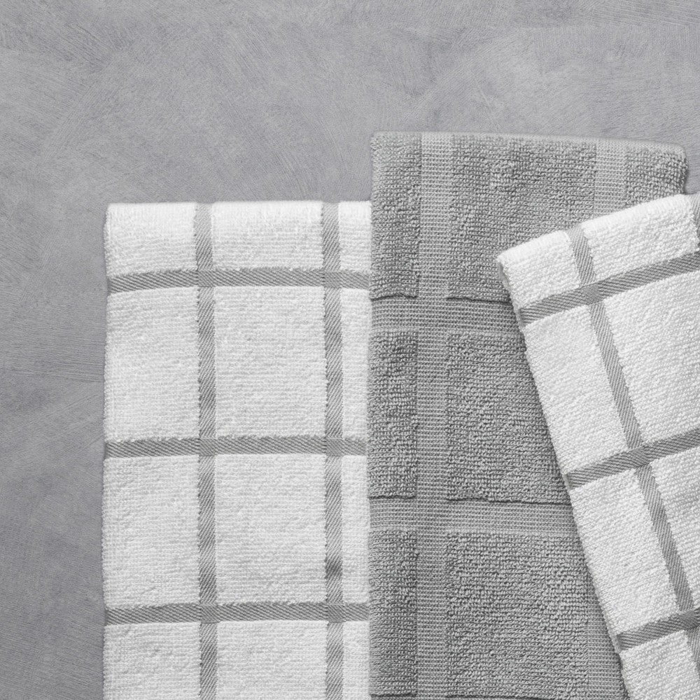 Kitchen Towels, Gray & White Windowpane, 5 Pack Set