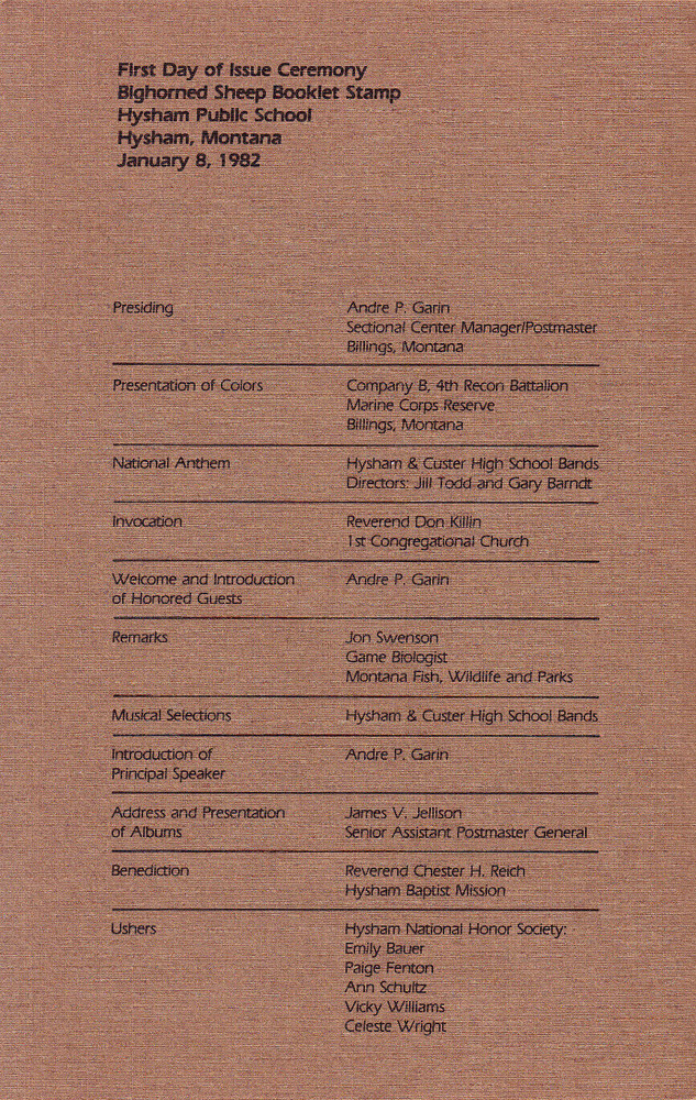 USPS First Day Ceremony Program #1949a Bighorned Sheep Booklet 10 1982