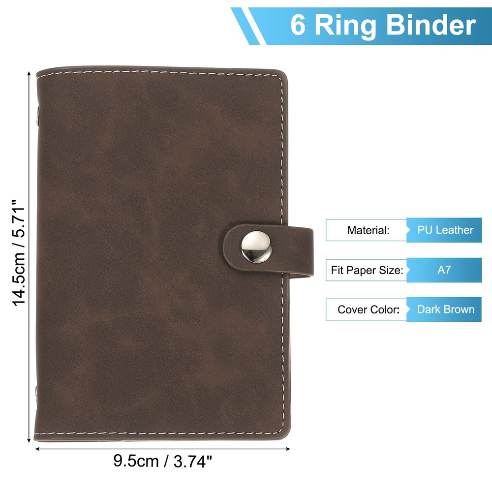A7 PU Leather Binder Cover, 6 Ring Loose Leaf Binder Protector, Dark Brown