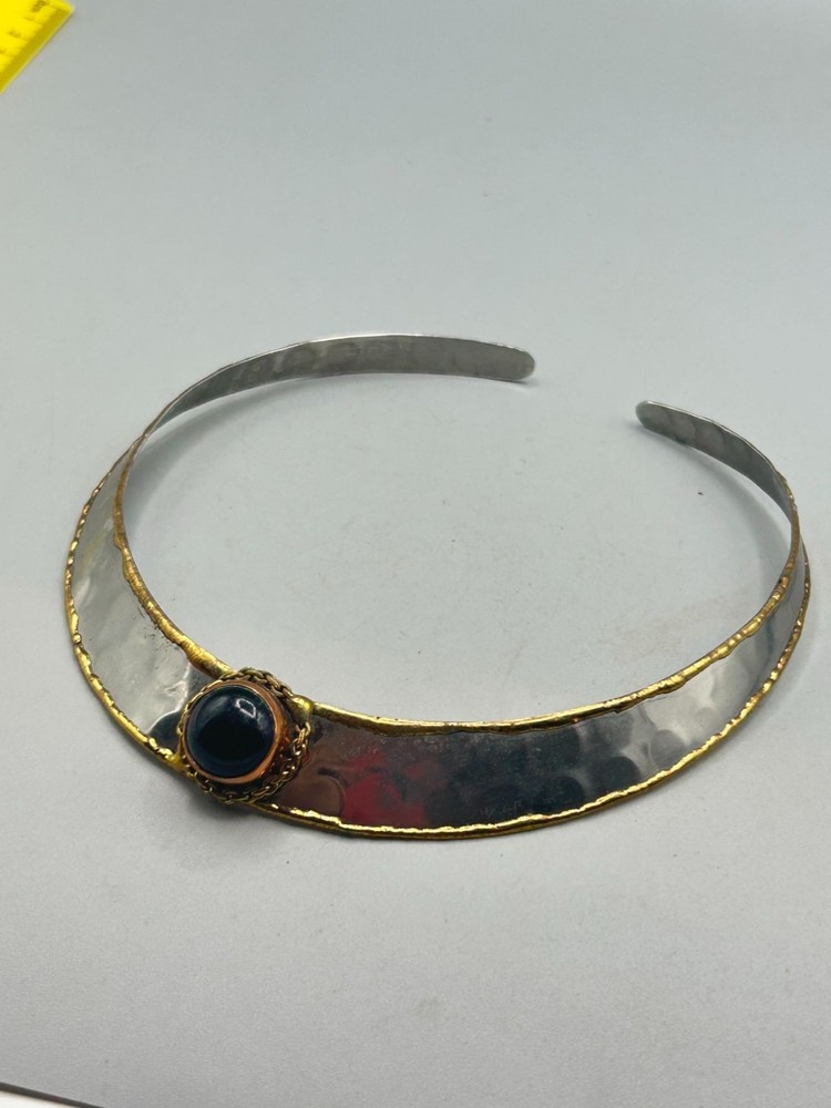Mixed Metals Brutalist Choker Collar Necklace With Black Stone