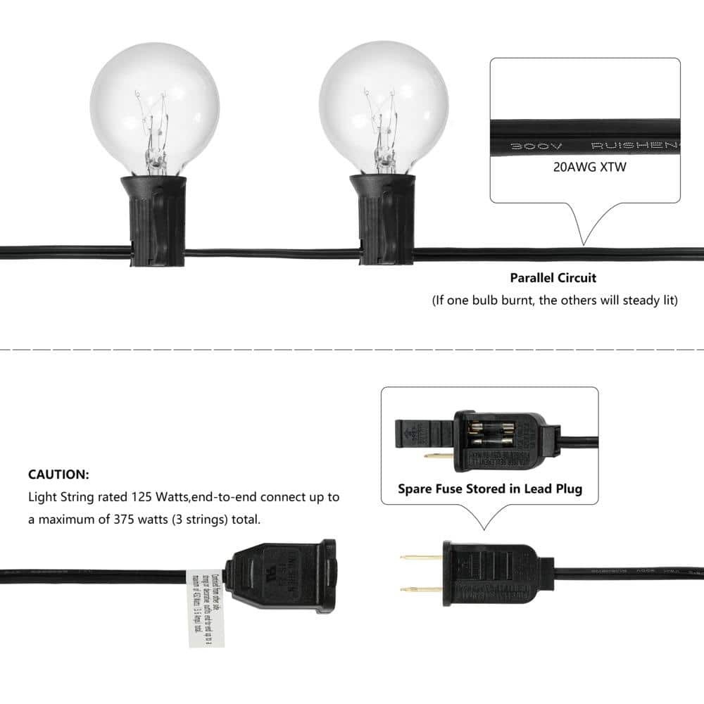JONATHAN Y 25 ft. Plug-in Rustic G40 Bistro Globe String Lights, Black