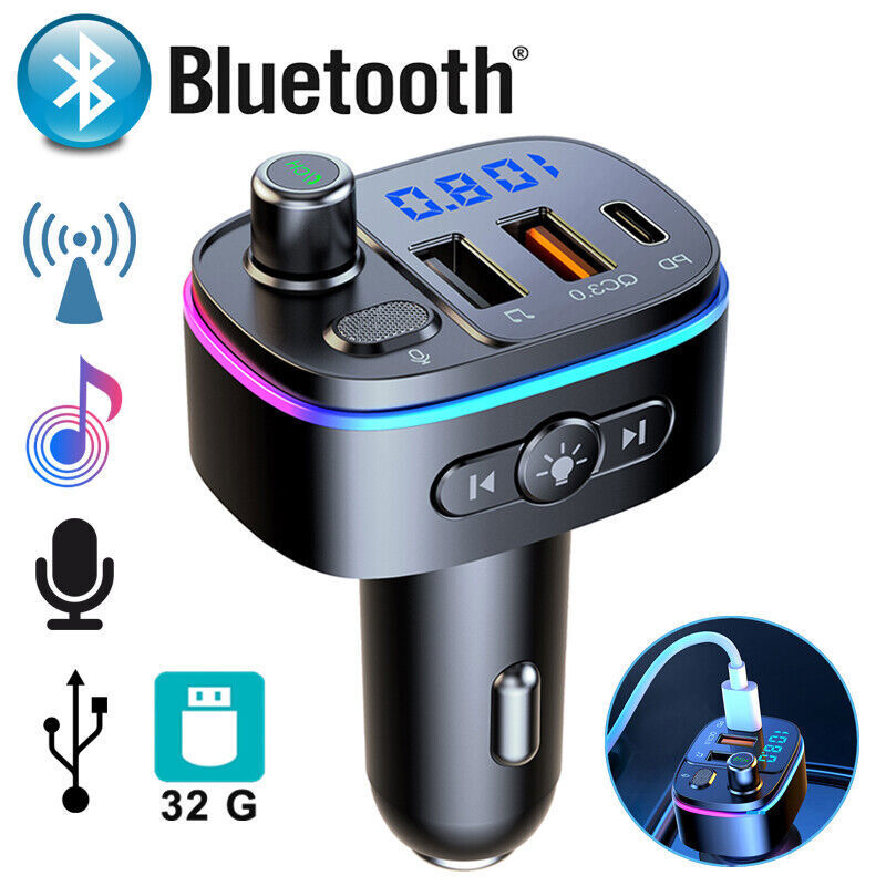 Bluetooth 5.0 Car Wireless FM Transmitter Adapter 2USB PD Charger AUX Hands-Free