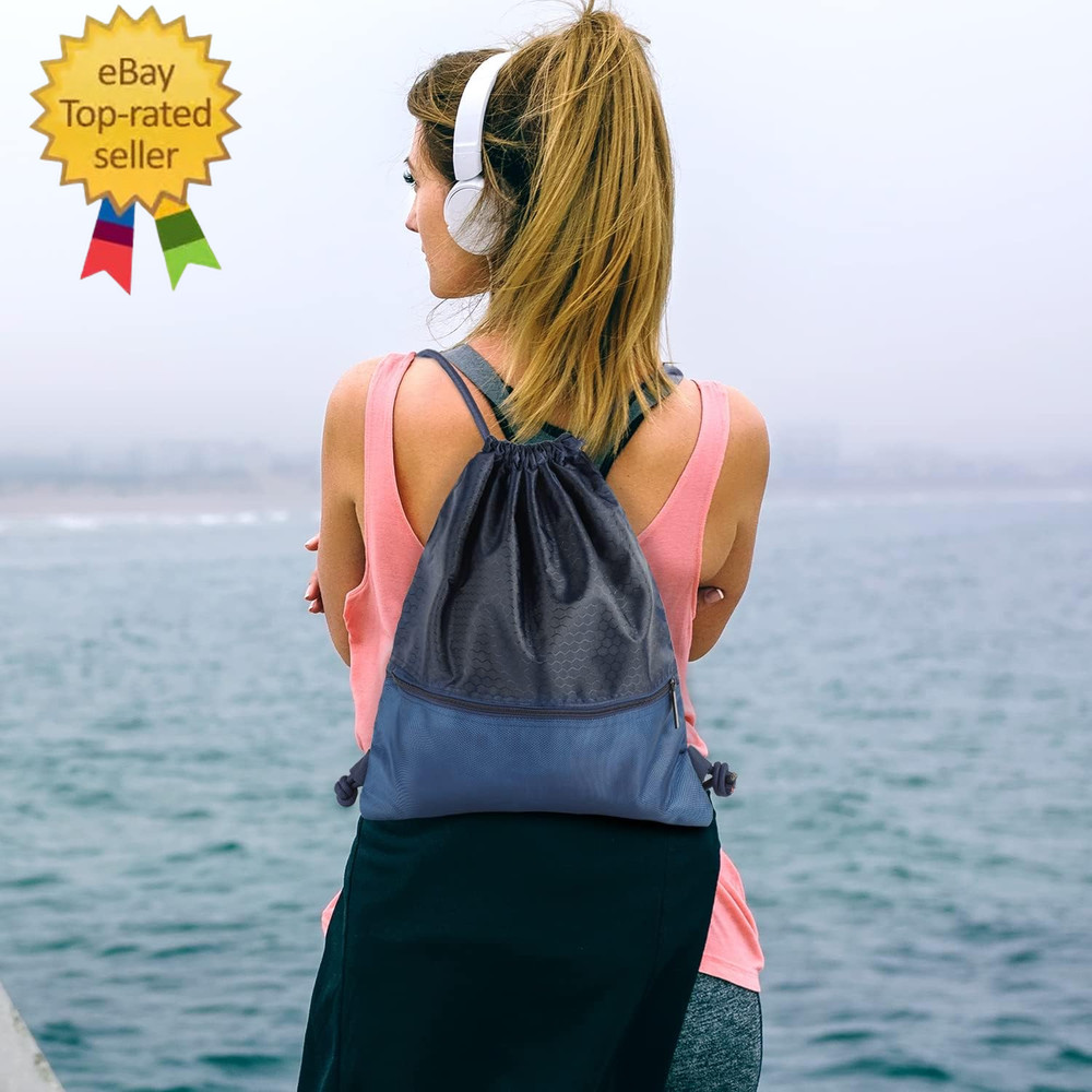 Drawstring Backpack Bag, Waterproof Draw String Back Sack with Zip Pocket