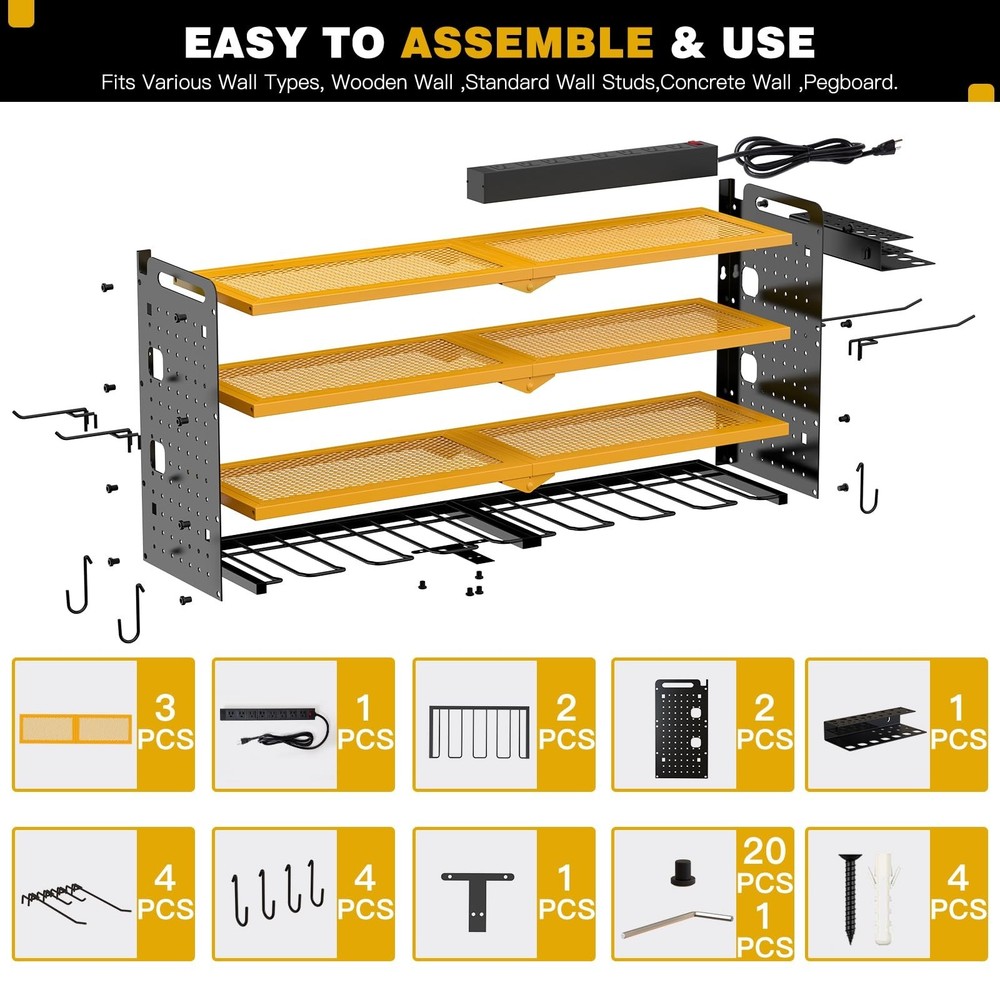 Power Tool Organizer Wall Mount with Charging Station, 8 Drill Holder, 4 Laye...